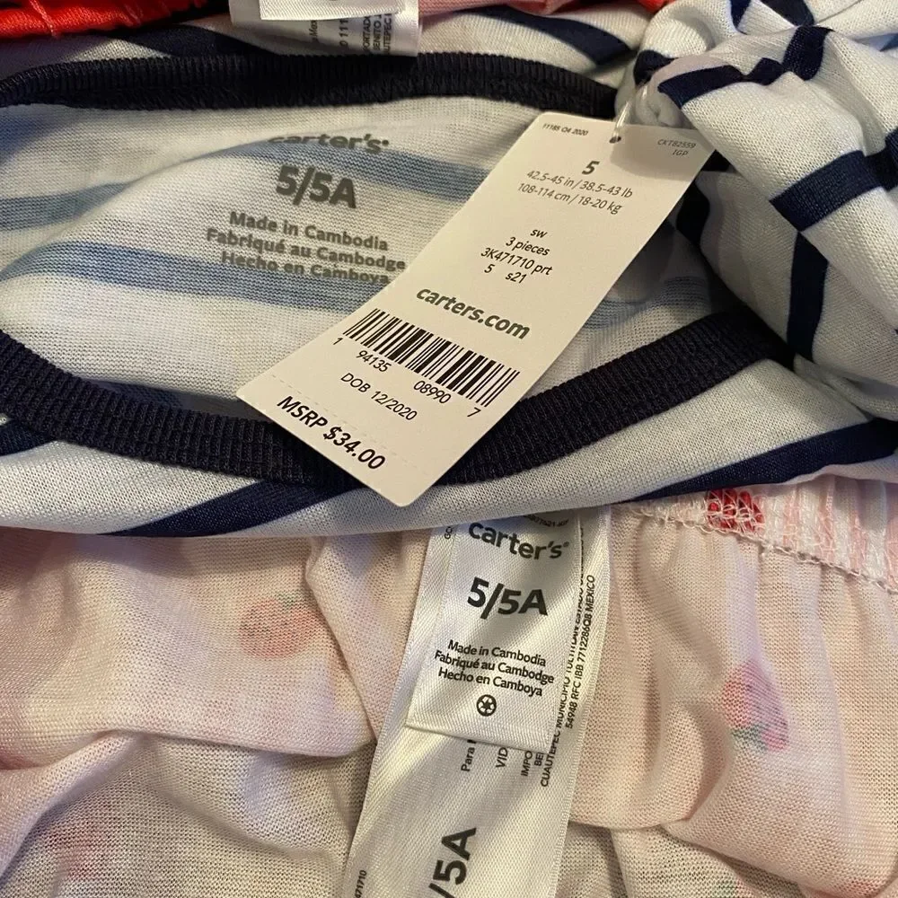 CARTER'S Girls Strawberry Top, Shorts and Pants Pajama  Set